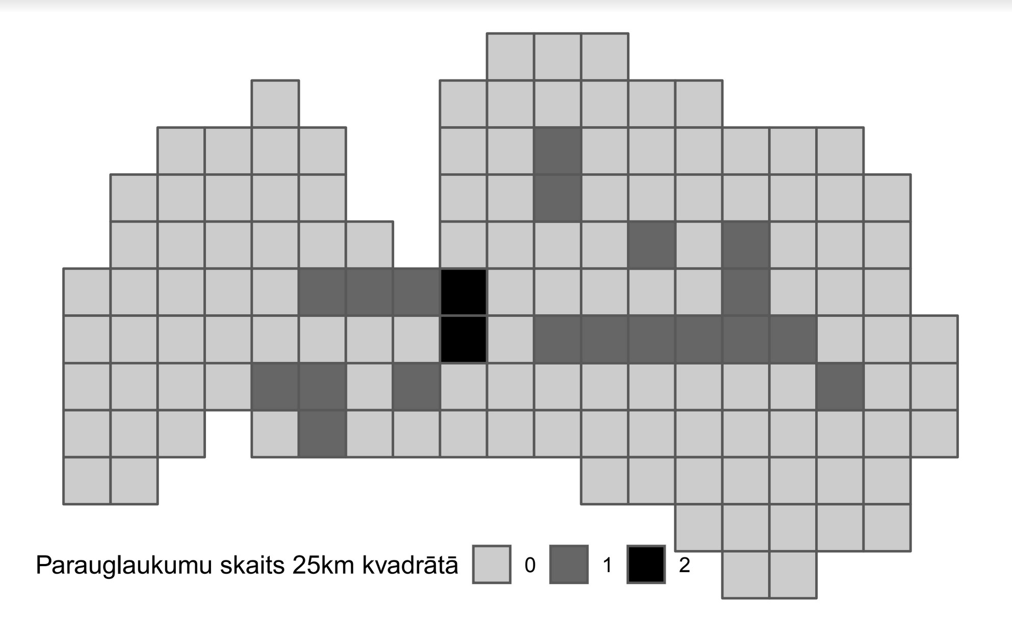 1. ATTĒLS. Plēsīgo putnu monitoringa parauglaukumu izvietojums 25x25 km kvadrātos 2021. gadā. FIGURE 1. Location of monitoring plots in 25x25 km grid, year 2021.