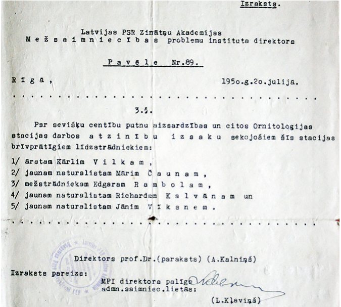 Pavēles izraksts par atzinību centīgākajiem LOS līdzstrādniekiem – Kārlim Vilkam, Mārim Čaunam, Edgaram Rambolam (1923–?), Rihardam Kalvānam (1935–2017) un Jānim Vīksnem, 20.07.1950. Oriģināls glabāja
