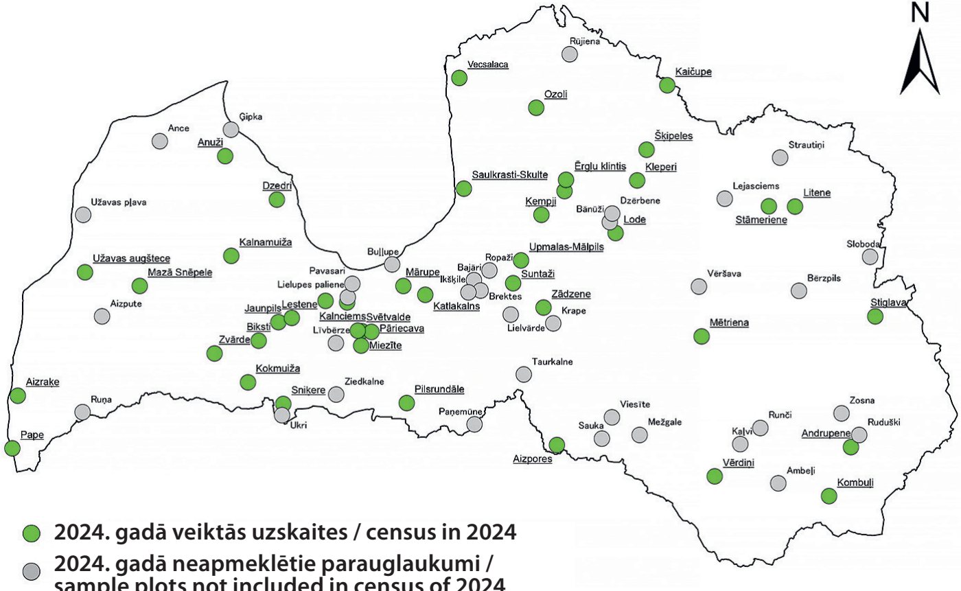 1. ATTĒLS. Griežu uzskaišu parauglaukumi Latvijā 2024. gadā. / FIGURE 1. Corncrake census plots in Latvia in 2024.