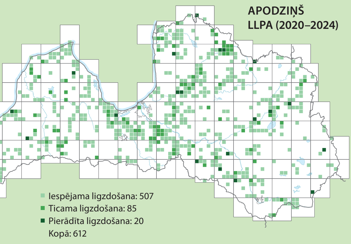 Karte: APODZIŅŠ LLPA (2020–2024). Iespējama ligzdošana: 507; ticama ligzdošana: 85; pierādīta ligzdošana: 20; kopā: 612 kvadrāti.