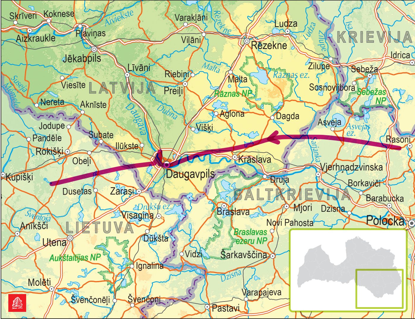 Karte: Gredzenknābja kaijas Kajzerkas pārvietošanās trase Latvijā 11.07.2025. pēc GPS datiem (pēc informācijas portālā interrex-tracking.com).