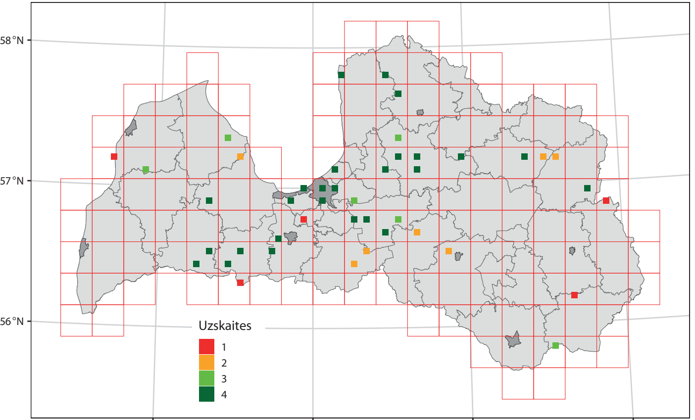 1. attēls (karte). Ligzdojošo putnu monitoringa uzskaišu maršruti 2025. gadā (krāsa norāda veikto uzskaišu skaitu maršrutā: 1–4). / FIGURE 1. Active transects of the breeding bird survey in 2025.