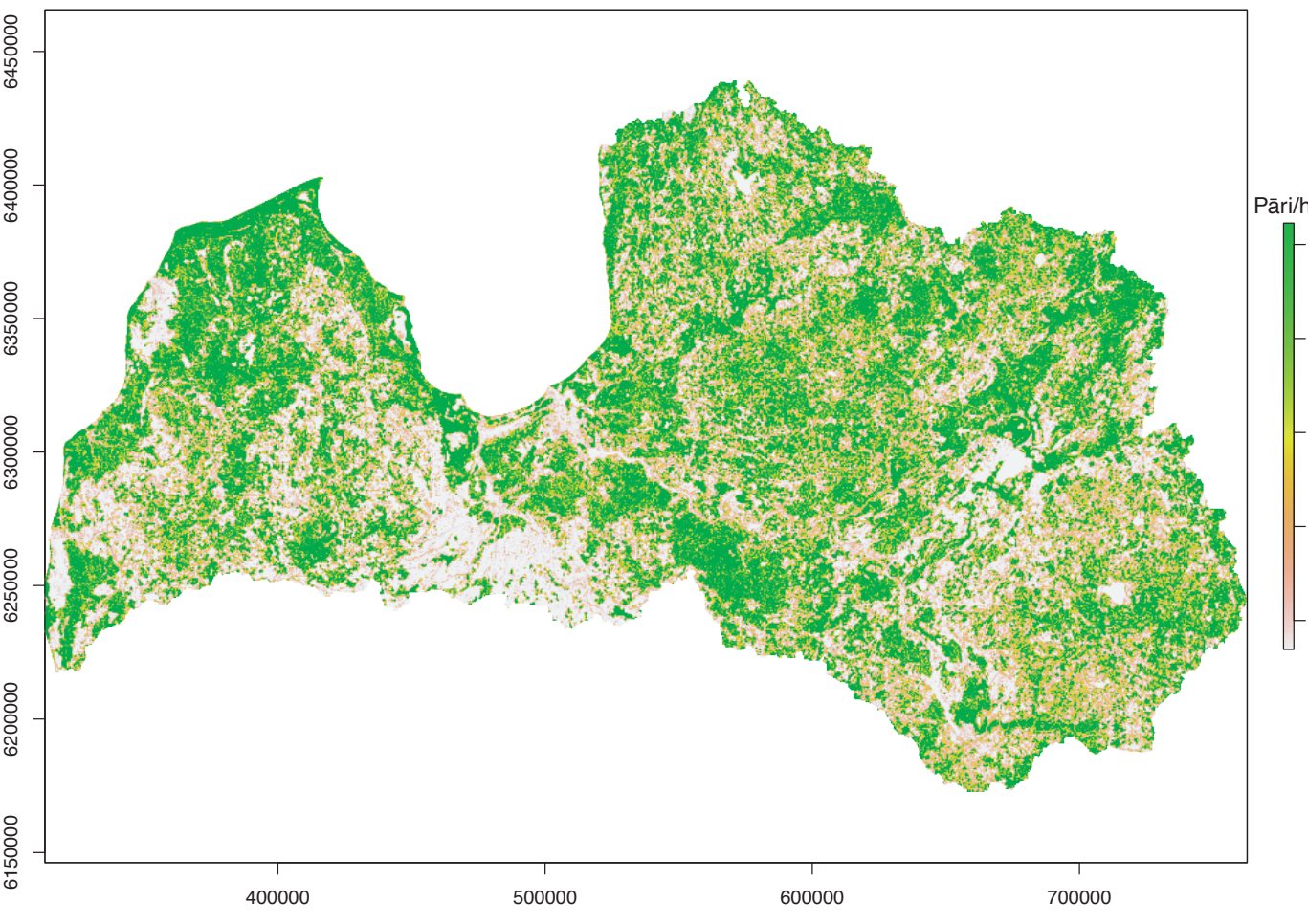 1. ATTĒLS. Žubītes Fringilla coelebs 2024. gada populācijas izplatības blīvuma karte. / FIGURE 6. Density distribution map of the Eurasian Chaffinch Fringilla coelebs population in 2024.