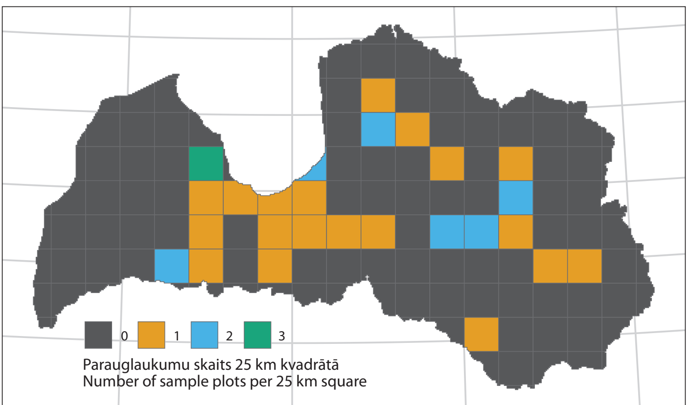1. ATTĒLS (karte). Plēsīgo putnu monitoringa parauglaukumu izvietojums 25×25 km kvadrātos 2025. gadā (parauglaukumu skaits 25 km kvadrātā: 0–3). / FIGURE 1. Location of monitoring plots in 25×25 km gr