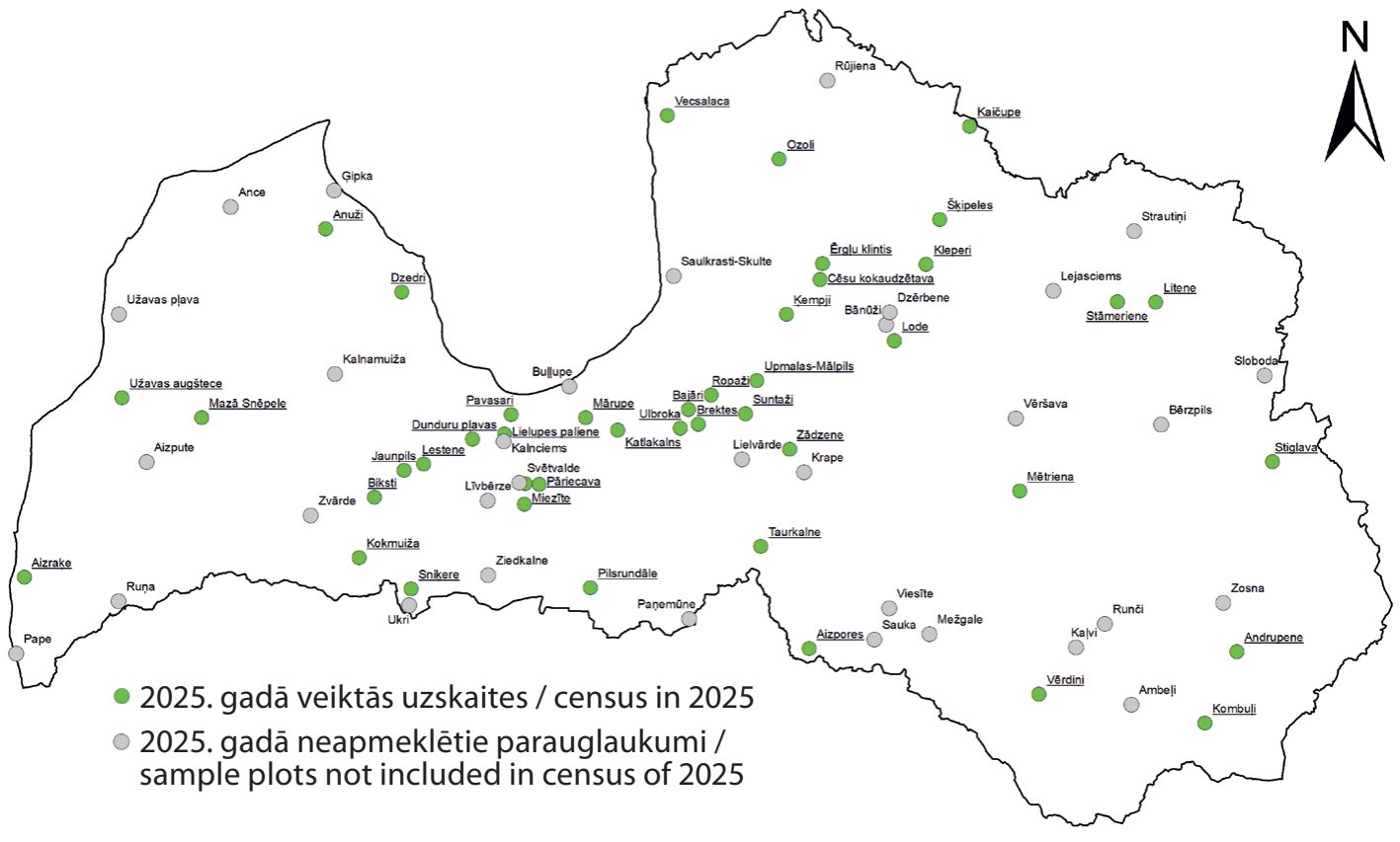 1. ATTĒLS. Griežu uzskaišu parauglaukumi Latvijā. / FIGURE 3. Corncrake census plots in Latvia.
