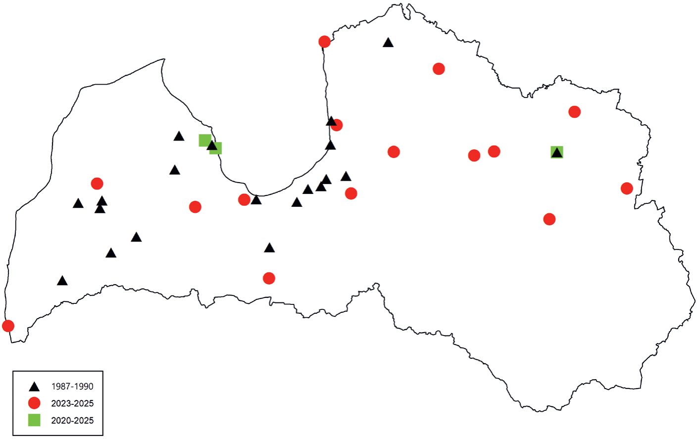 1. ATTĒLS. Mājas strazdu parauglaukumi: brīvprātīgo parauglaukumi 1987.–1990. gadā (Čauns 1990), brīvprātīgo parauglaukumi 2023.–2025. gadā un LZP pētījumu projekta parauglaukumi 2020.–2025. gadā. / F